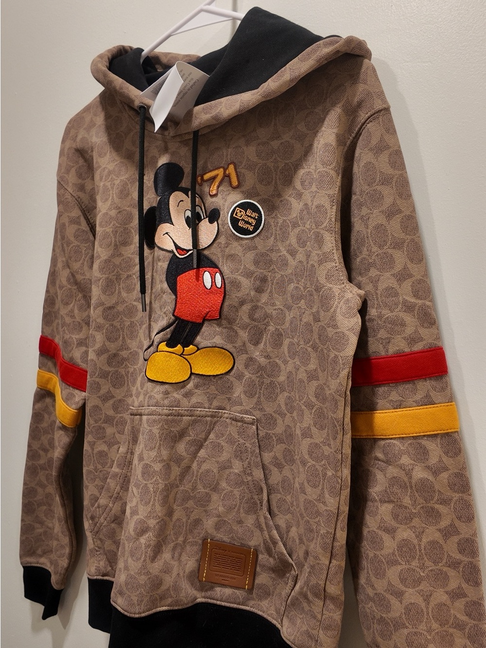 Coach Brown Signature Mickey Patch Kids Hoodie with Red and Yellow Accents